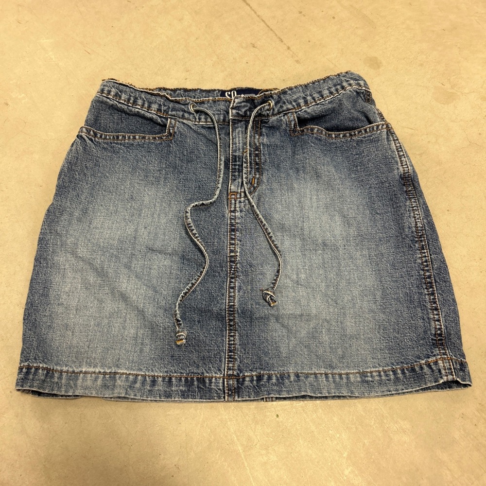 SO GSJC Vintage Denim Mini Skirt Medium Wash Drawstring Waist Size 5
